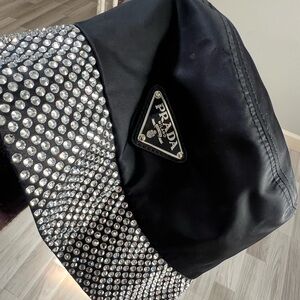 Prada  Logo Plaque embellished crystal nylon bucket hat size medium. NEVER USED
